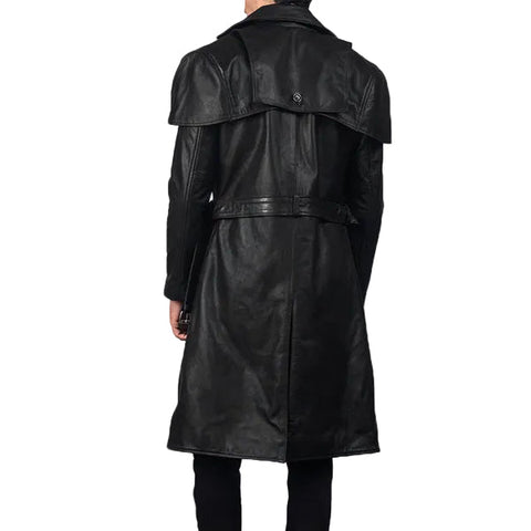 • belted leather trench coat detail close up
