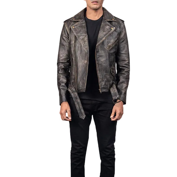 • distressed brown biker jacket mens front view
