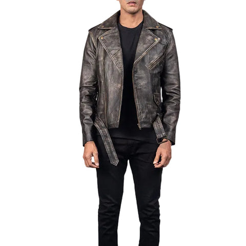 • distressed brown biker jacket mens front view
