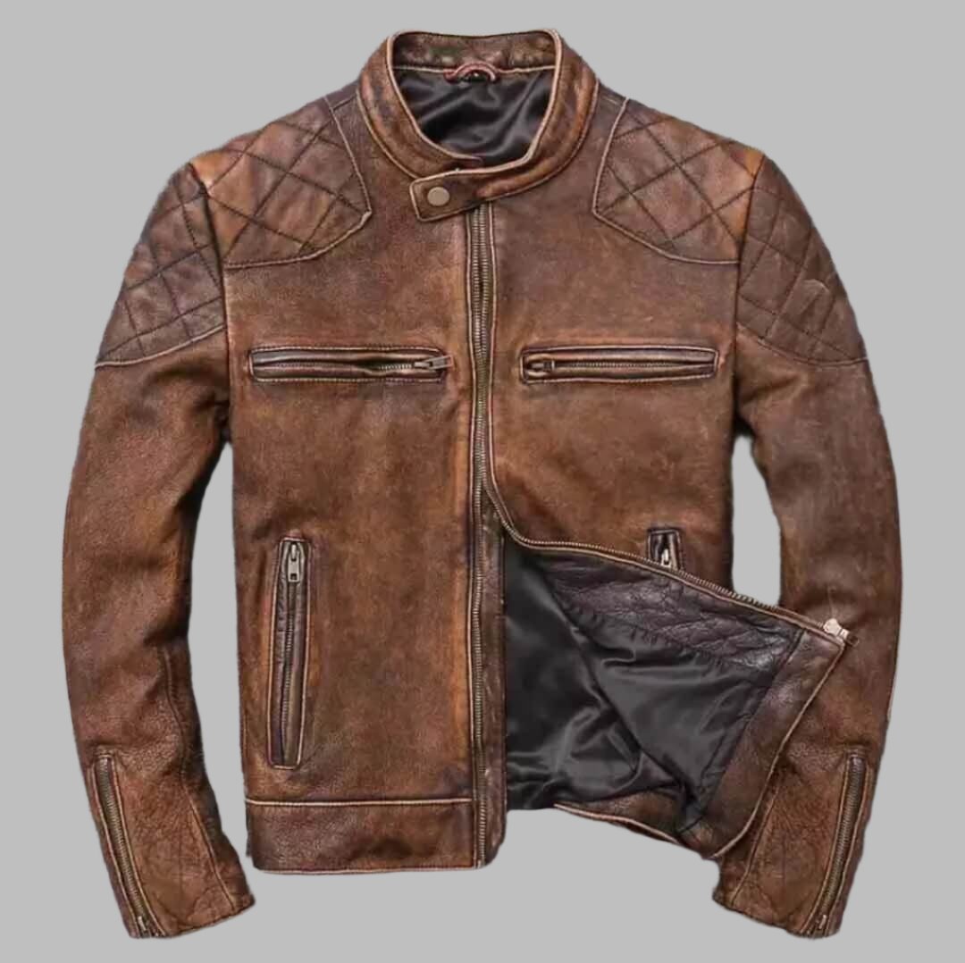 Men’s Distressed Brown Leather Cafe Racer Biker Jacket - AMSEL LEATHERS