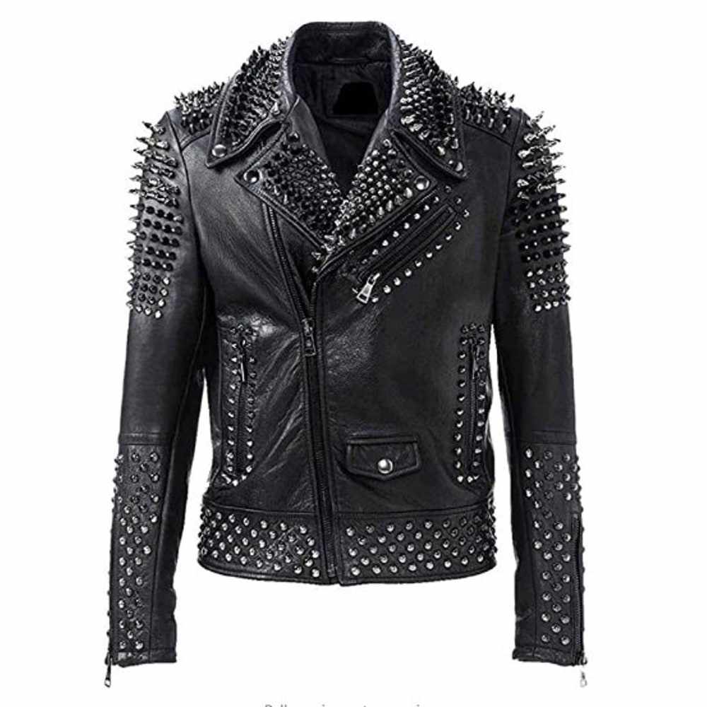 EMO Punk Rock Silver Black Studded Leather Jacket - AMSEL LEATHERS