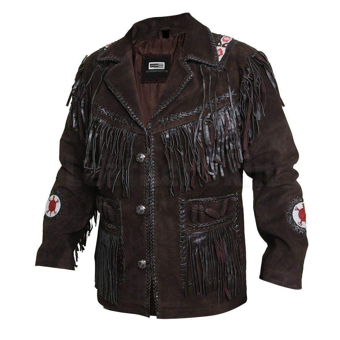 • chocolate brown fringe leather jacket front view
