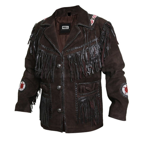 • chocolate brown fringe leather jacket front view
