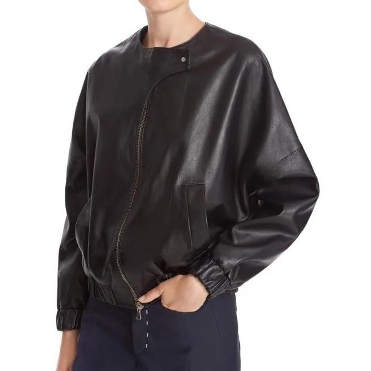 Elegant Black Leather Bomber Jacket for Women - AMSEL LEATHERS