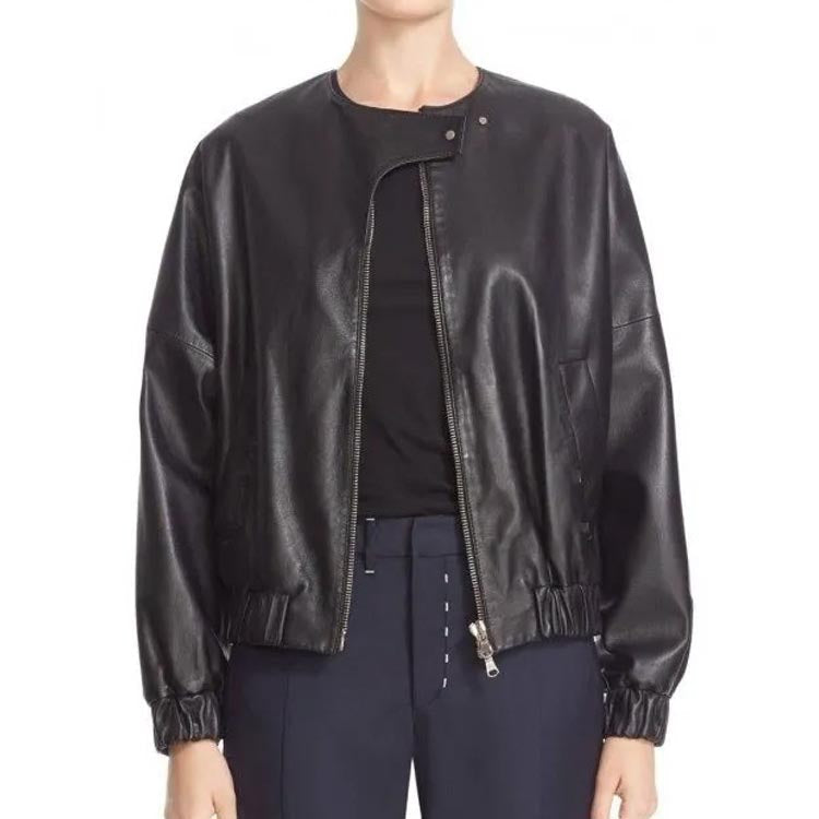 Elegant Black Leather Bomber Jacket for Women - AMSEL LEATHERS