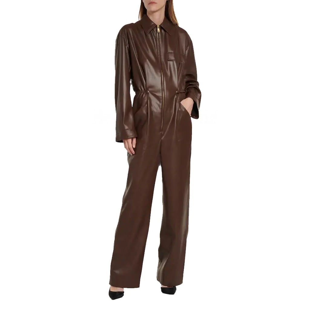 Elegant Chocolate Brown Leather Jumpsuit for Women - AMSEL LEATHERS