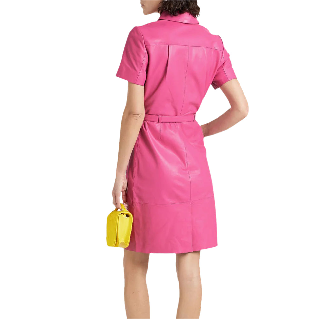 Elegant Pink Leather Shirt Dress for Women - AMSEL LEATHERS