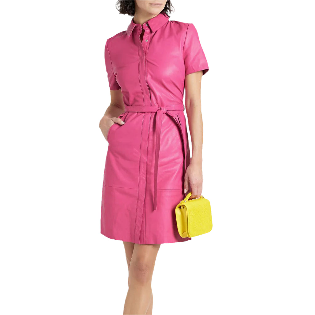 Elegant Pink Leather Shirt Dress for Women - AMSEL LEATHERS