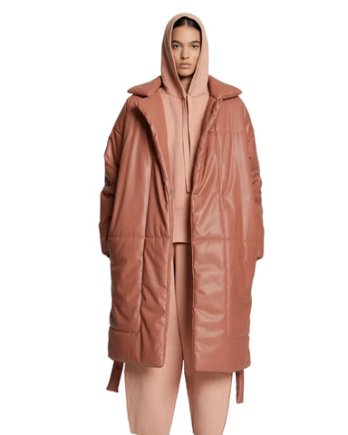 • pink faux leather puffer trench coat front view
