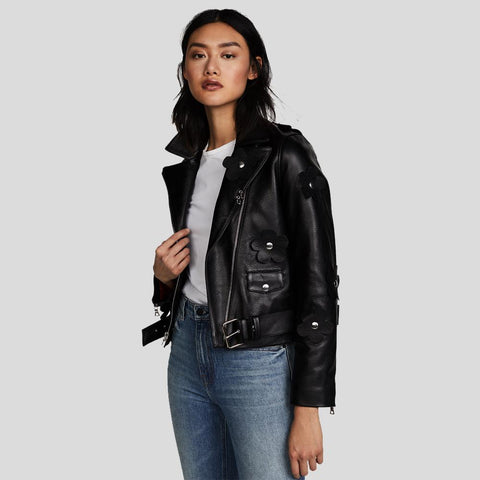 women's black leather biker jacket adeline back view