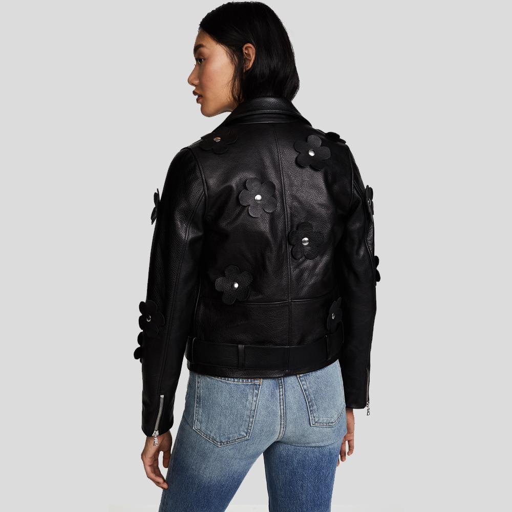 women's black leather biker jacket adeline detail close up