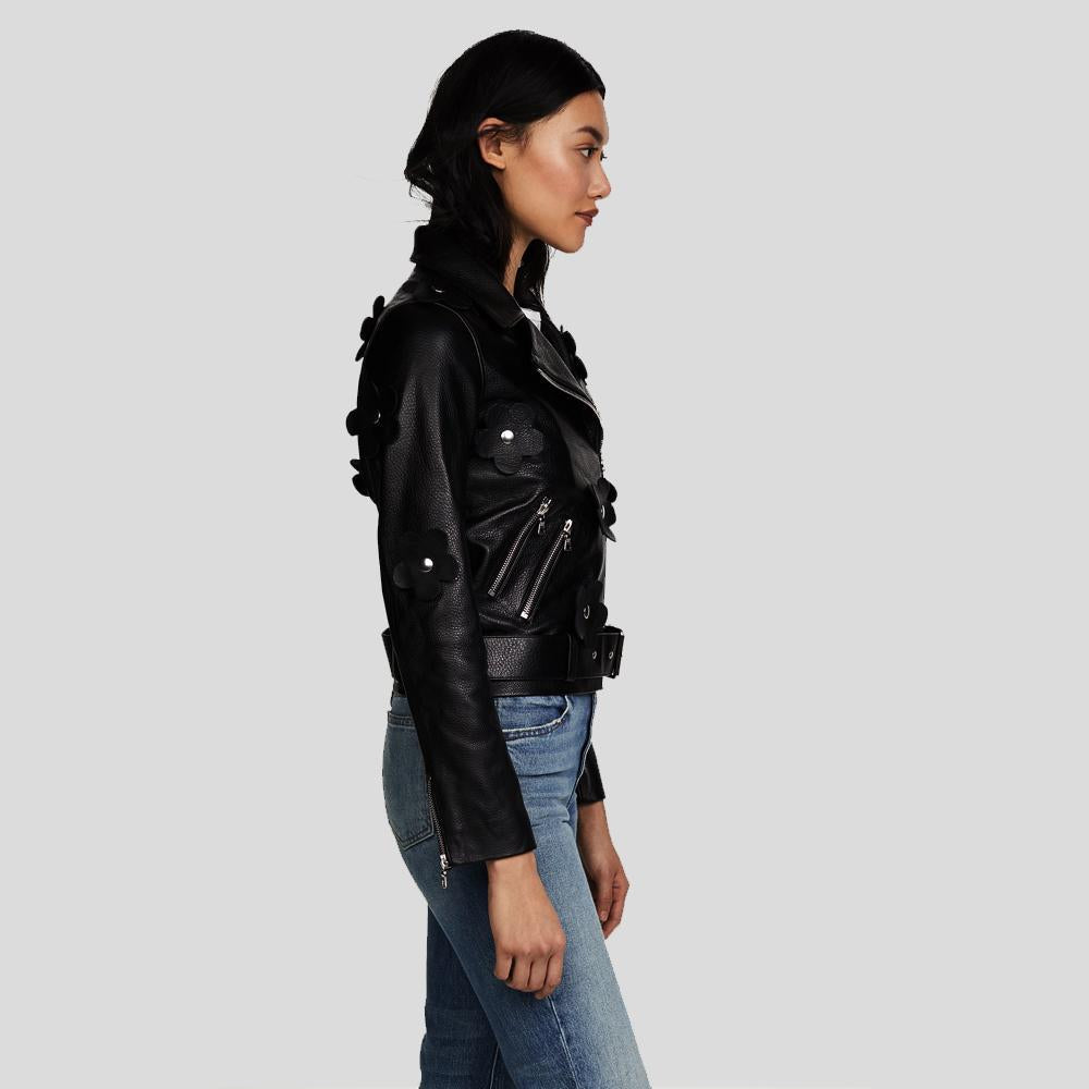 women's black leather biker jacket adeline texture detail