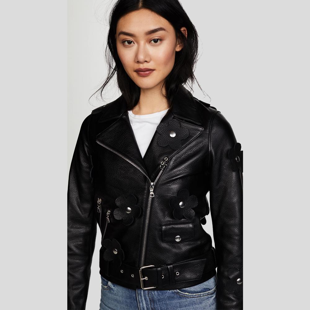women's black leather biker jacket adeline front view