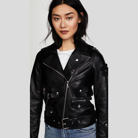 women's black leather biker jacket adeline front view