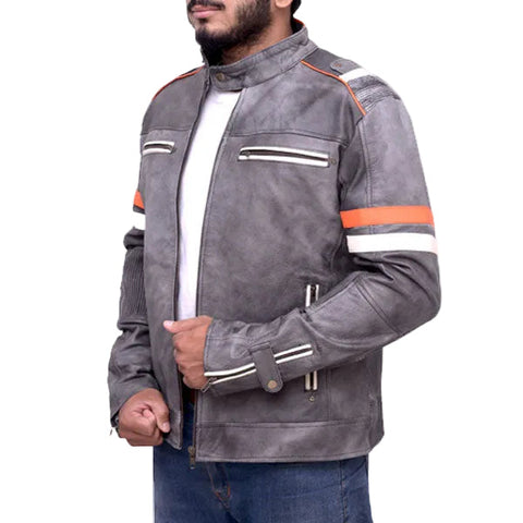 • grey retro leather jacket zipper detail close up
