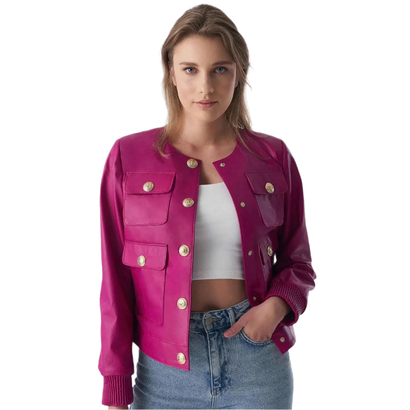 Fuchsia Leather Jacket for Women - Stylish Studs Closure - AMSEL LEATHERS