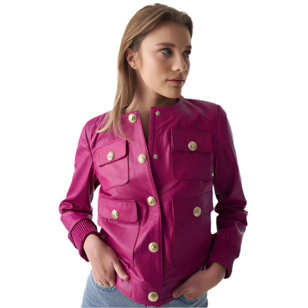 Fuchsia Leather Jacket for Women - Stylish Studs Closure - AMSEL LEATHERS