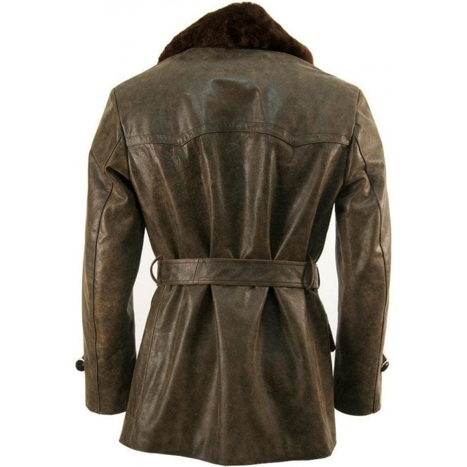 Fur Collar Vintage Leather Pea Coat - AMSEL LEATHERS