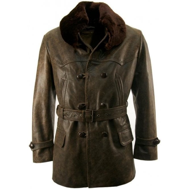 Fur Collar Vintage Leather Pea Coat - AMSEL LEATHERS