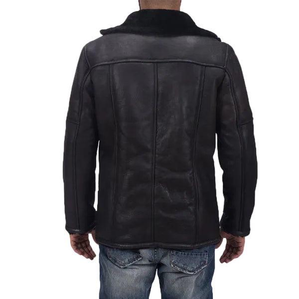 men’s black sheepskin leather jacket side angle