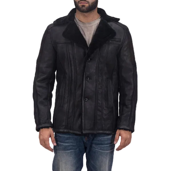 men’s black sheepskin leather jacket front view