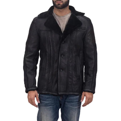 men’s black sheepskin leather jacket front view