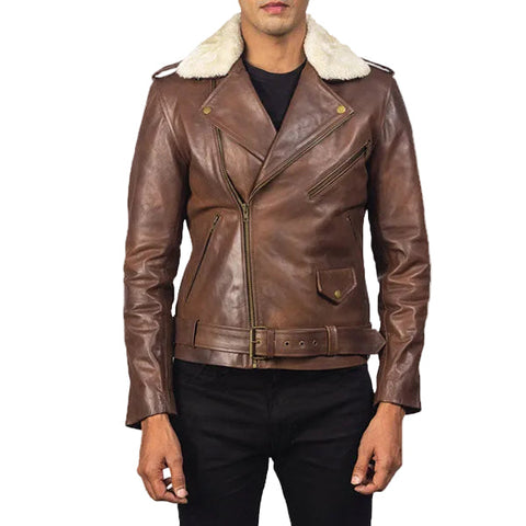 • brown biker leather jacket fur collar front view
