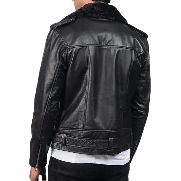 • removable fur collar leather jacket detail
