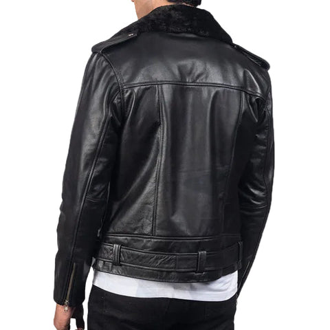 • removable fur collar leather jacket detail
