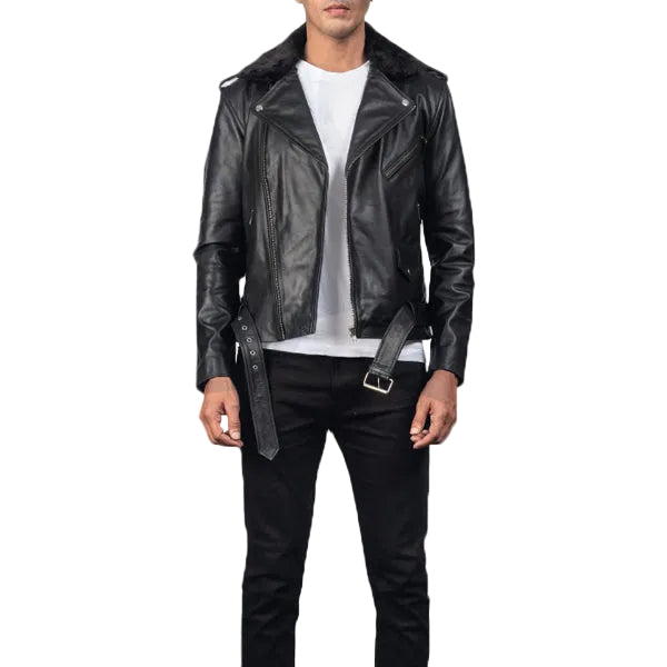 • black biker leather jacket fur collar front view
