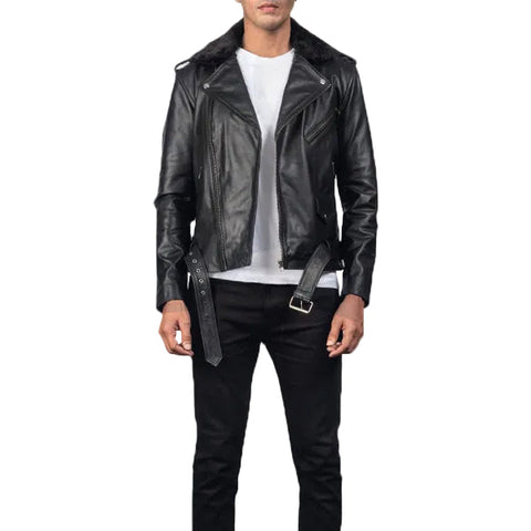 • black biker leather jacket fur collar front view
