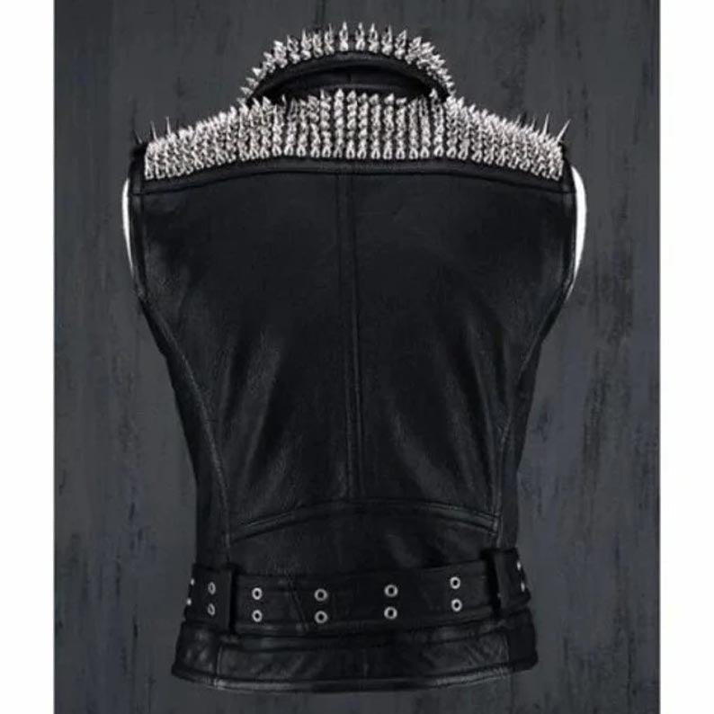 Men's Black Leather Studded Biker Punk Vest - AMSEL LEATHERS