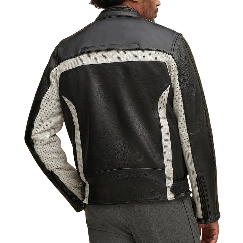 Genuine leather riding jacket with contrast panels
