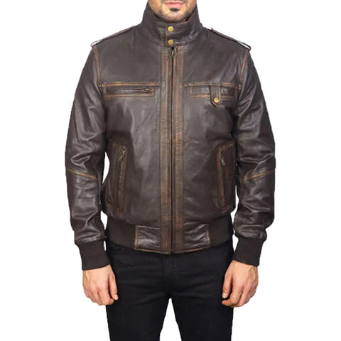 • brown leather bomber jacket mens front view
