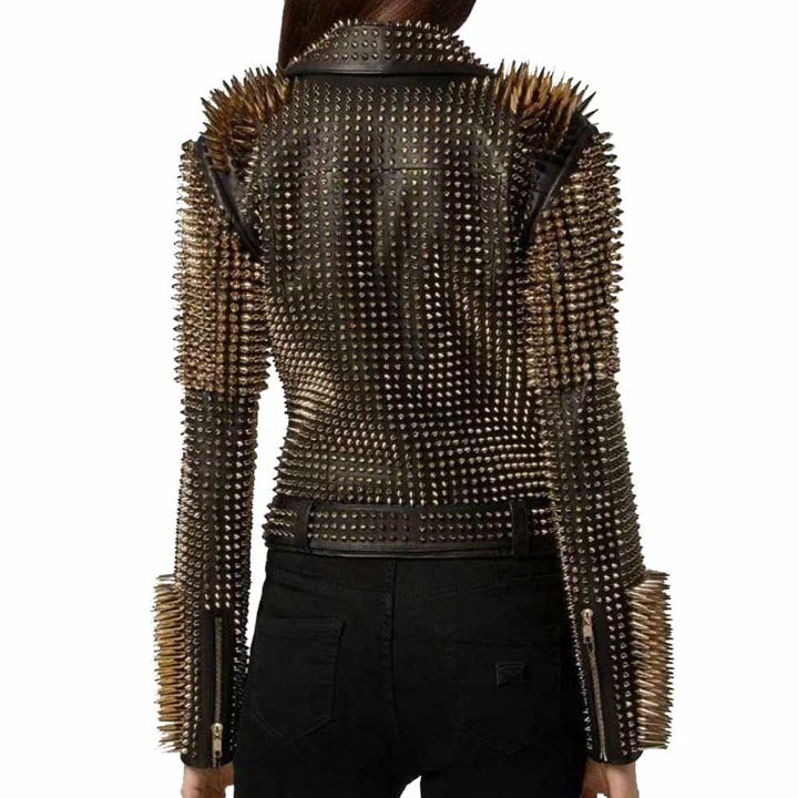 Golden Spiked Leather Jacket For Women - AMSEL LEATHERS