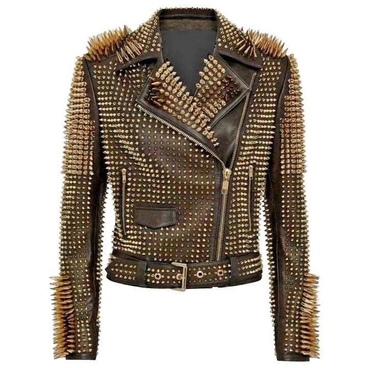 Golden Spiked Leather Jacket For Women - AMSEL LEATHERS