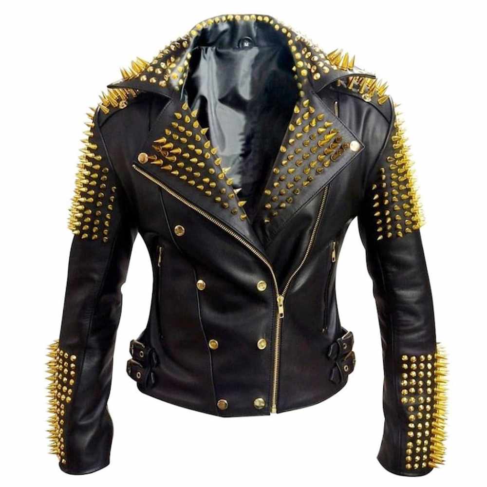 Golden Studded Heavy Metal Spikes Motorcycle Leather Jacket Mens - AMSEL LEATHERS