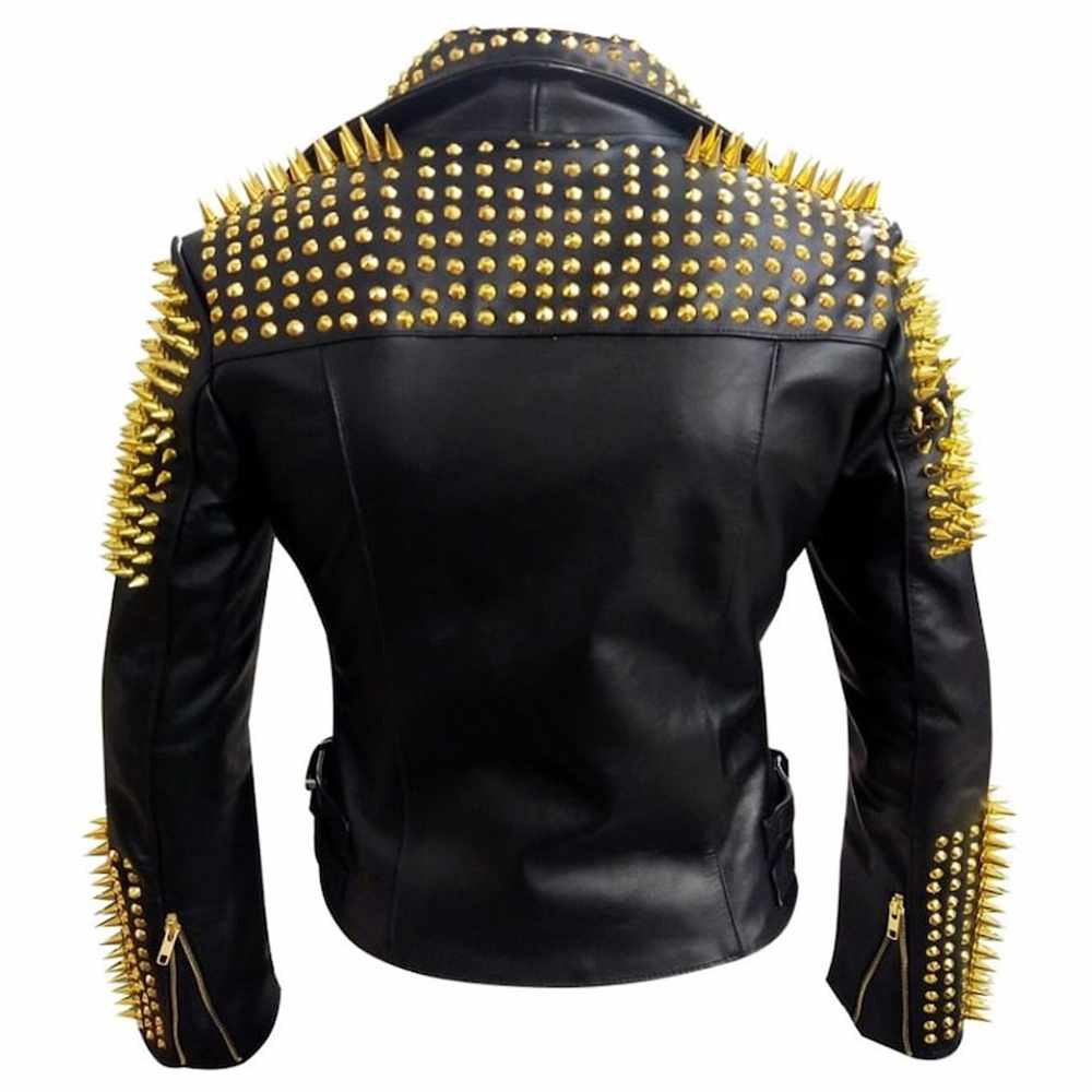 Golden Studded Heavy Metal Spikes Motorcycle Leather Jacket Mens - AMSEL LEATHERS