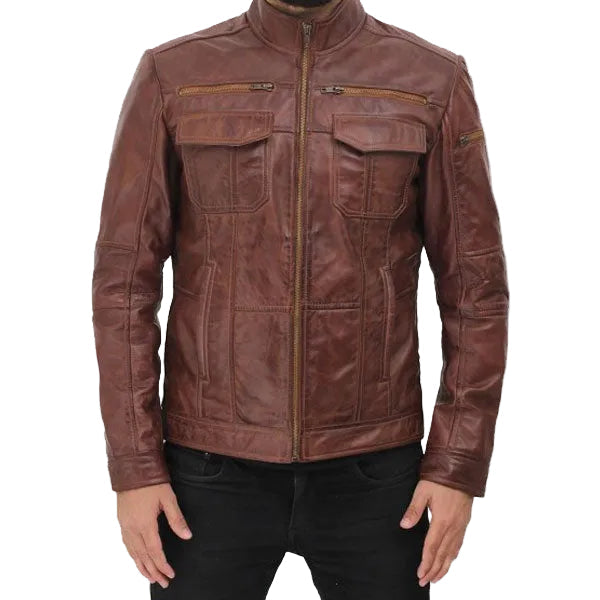 • waxed brown leather jacket mens front view
