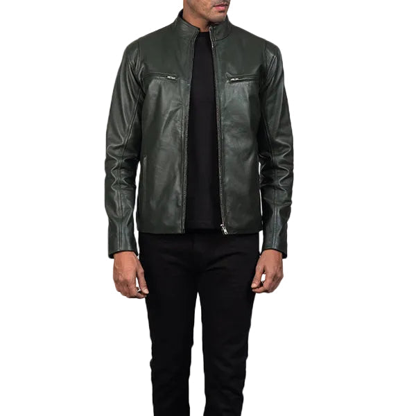 • green biker leather jacket mens front view
