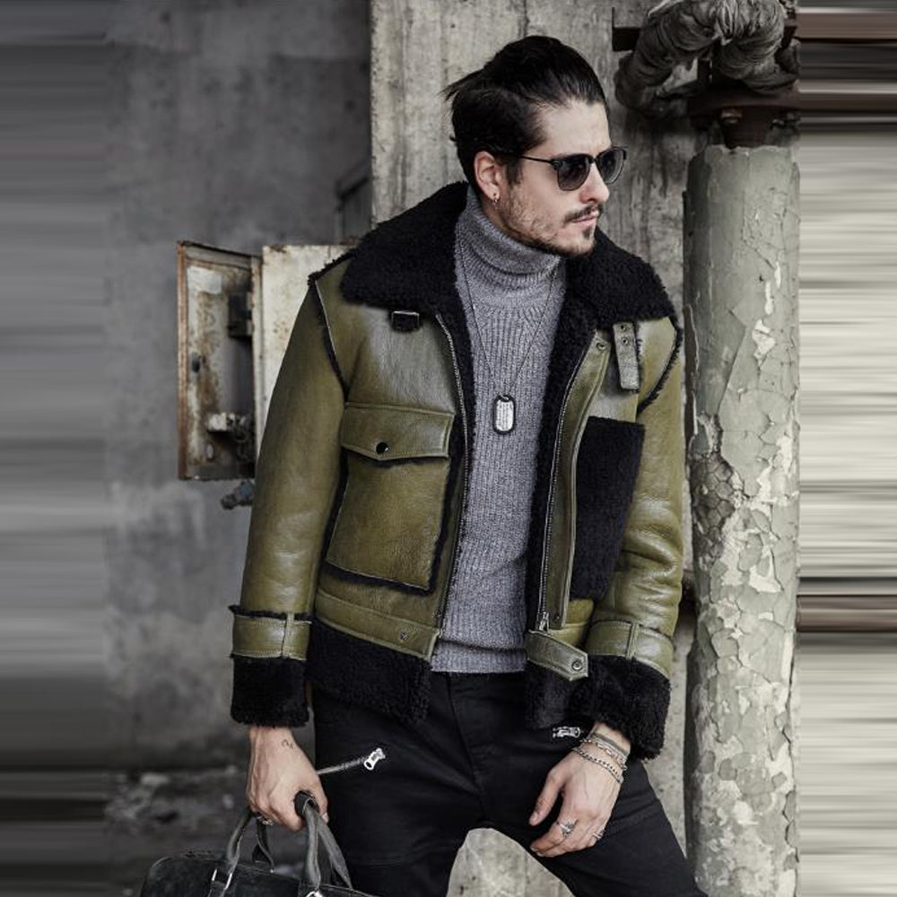 • green raf flying shearling jacket mens front view
