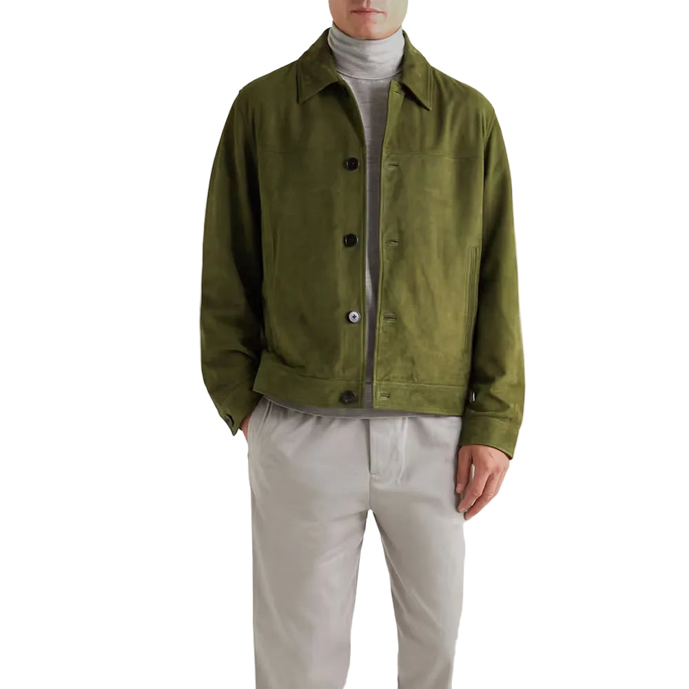 men's green leather trucker jacket leif back view