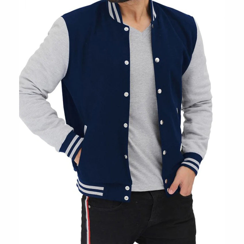 Grey And Blue Baseball-Style Varsity Jacket For Men - AMSEL LEATHERS