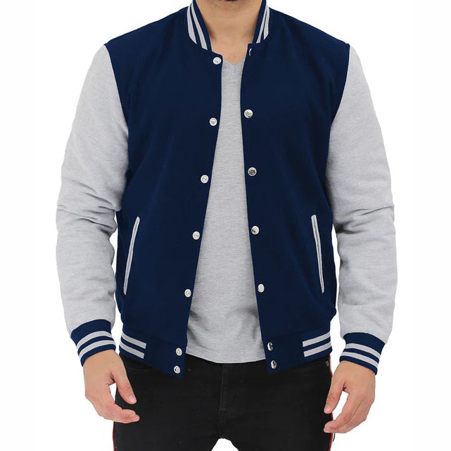 Grey And Blue Baseball-Style Varsity Jacket For Men - AMSEL LEATHERS