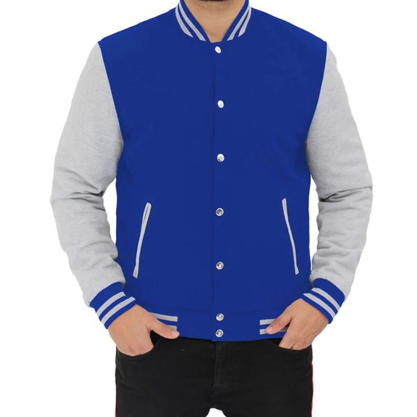 Grey And Royal Blue Baseball-Style Varsity Jacket For Men - AMSEL LEATHERS