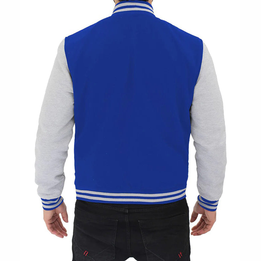 Grey And Royal Blue Baseball-Style Varsity Jacket For Men - AMSEL LEATHERS