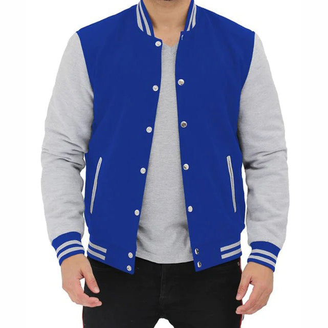 Grey And Royal Blue Baseball-Style Varsity Jacket For Men - AMSEL LEATHERS