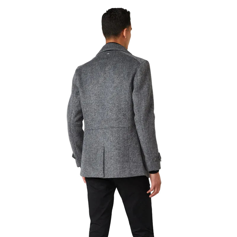 Grey wool peacoat for men with large welt pockets
