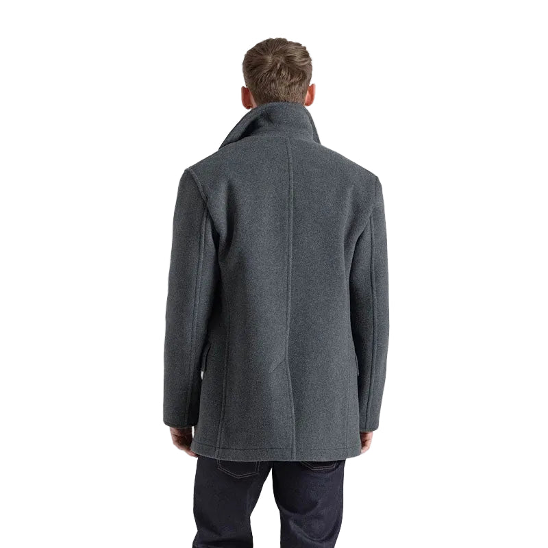 Grey wool peacoat for men with wide lapels
