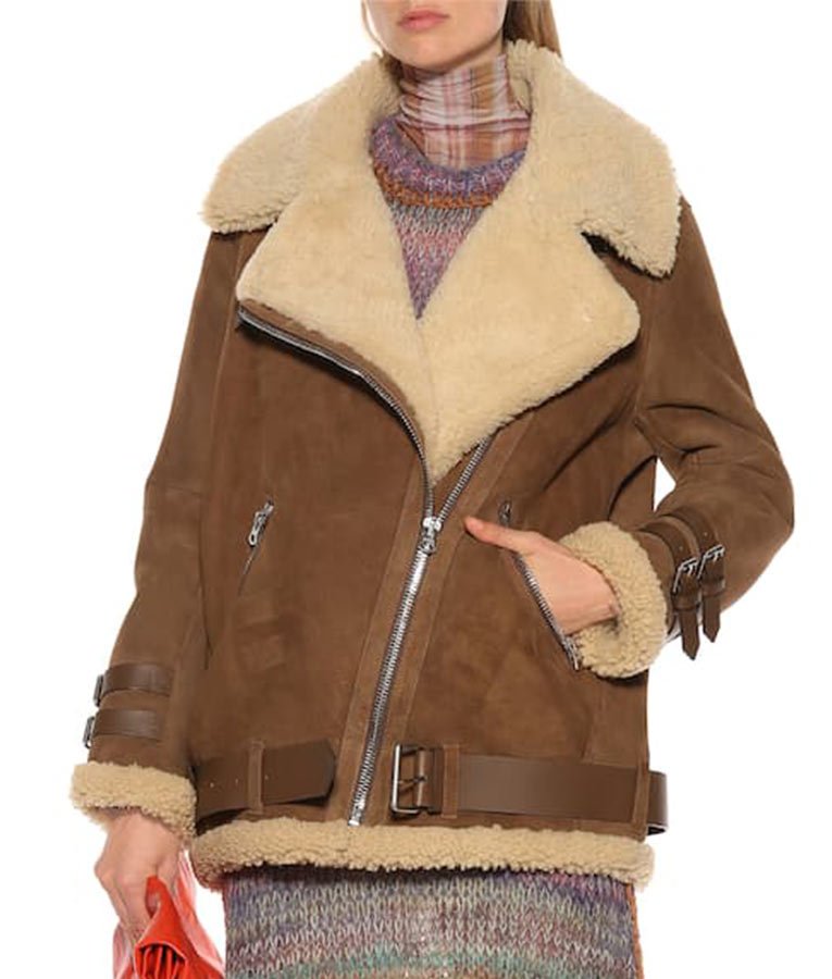 • brown velocite shearling jacket womens front view
